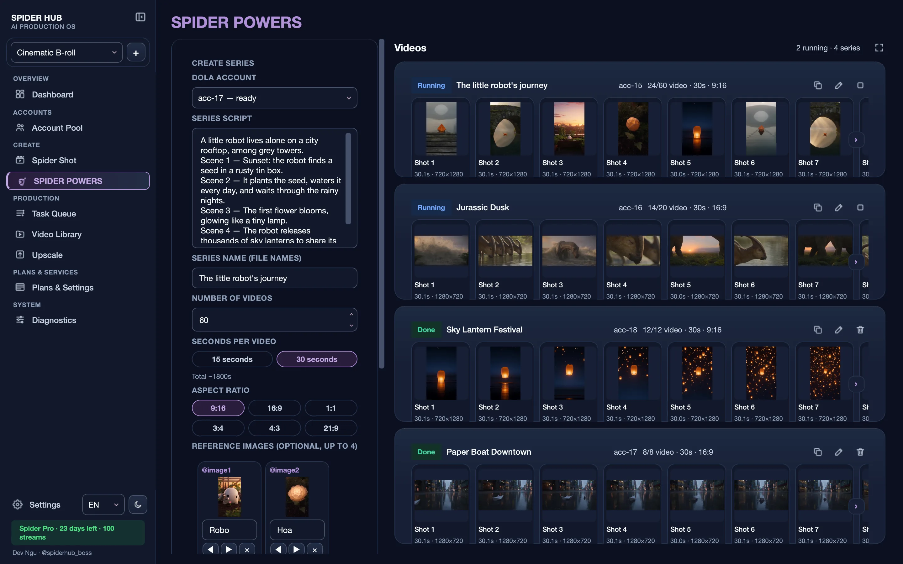 The SPIDER POWERS screen: the create form on the left, the series rows on the right