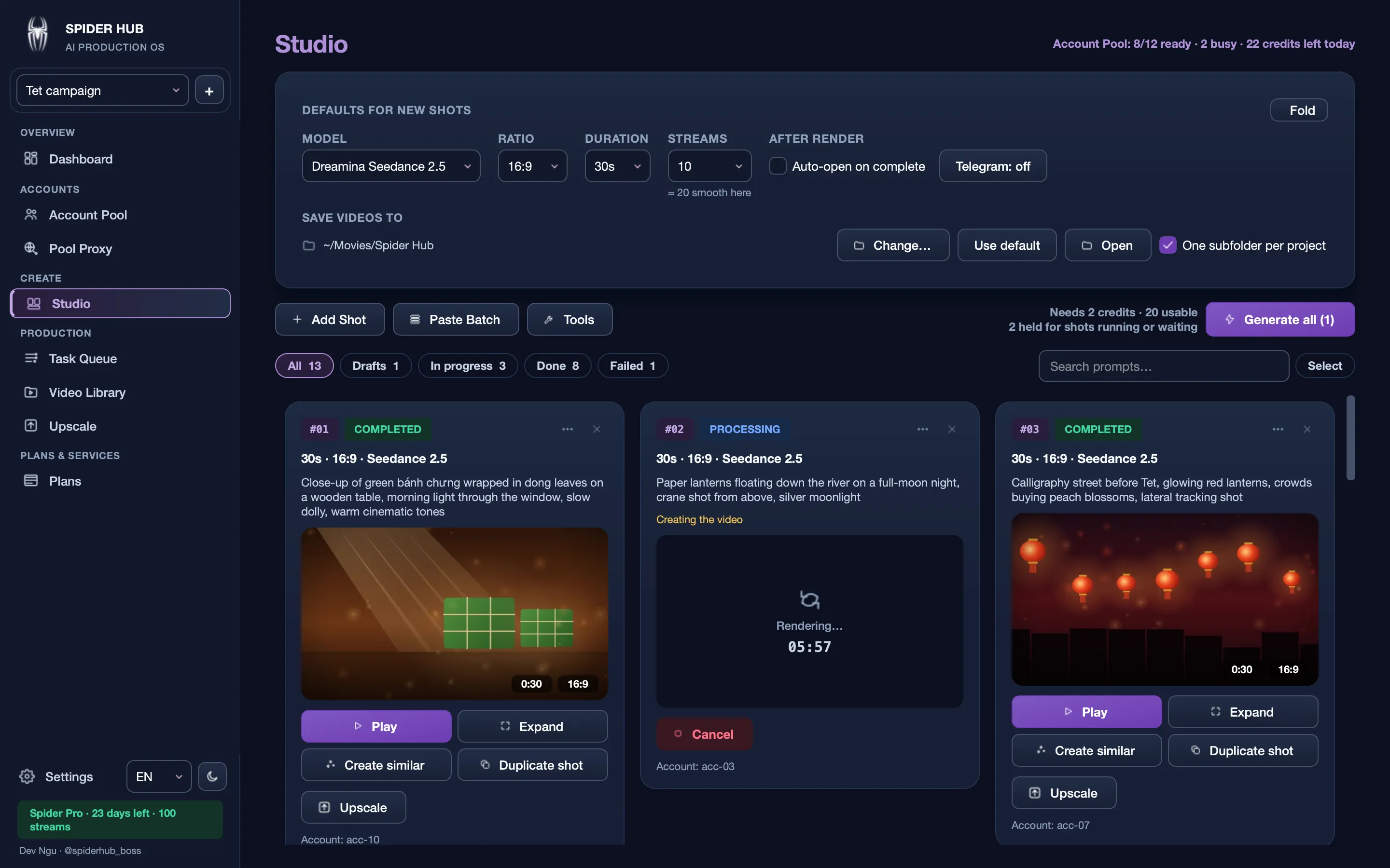 Studio with shot cards