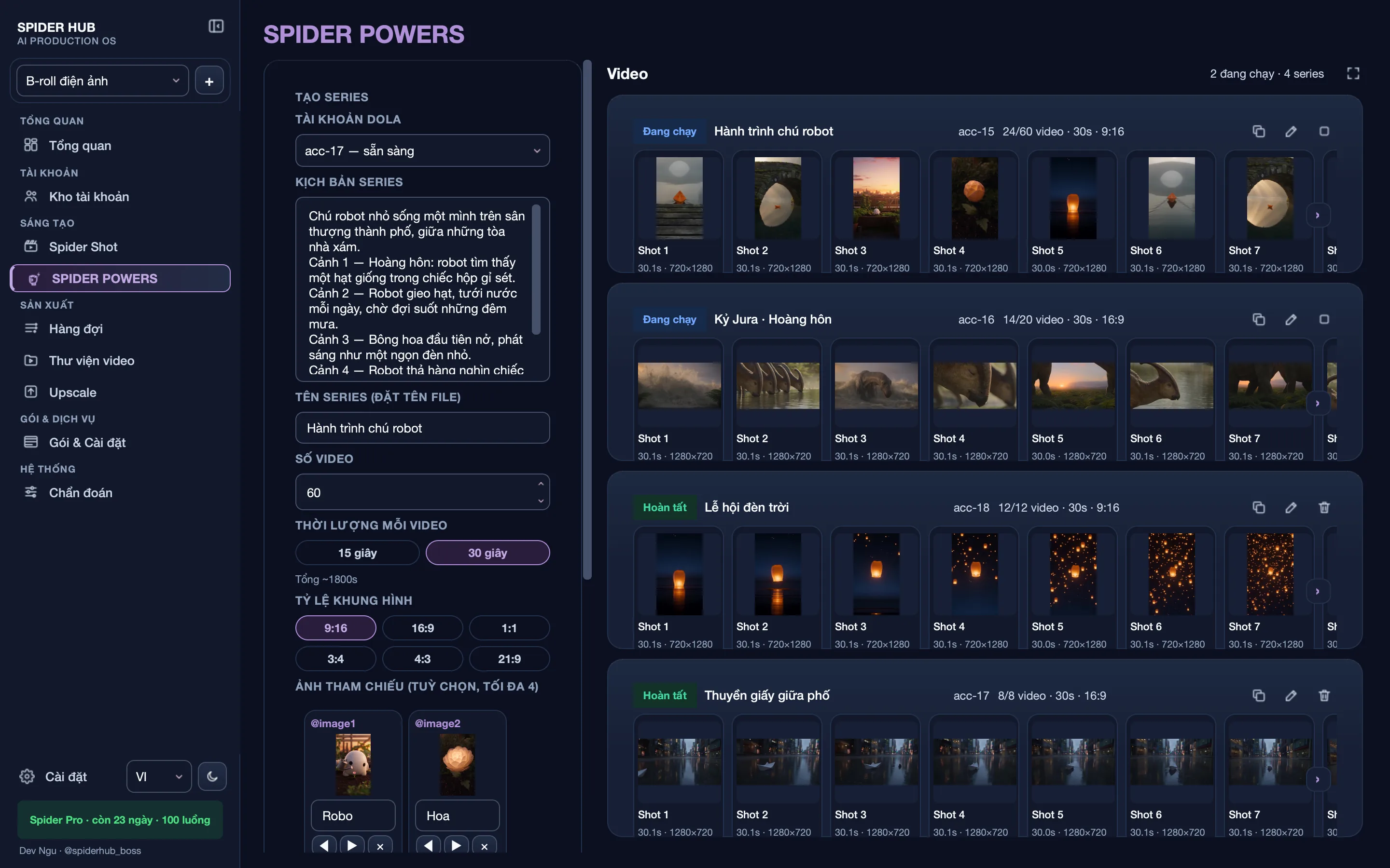 Màn SPIDER POWERS: form tạo series bên trái, các dòng series bên phải