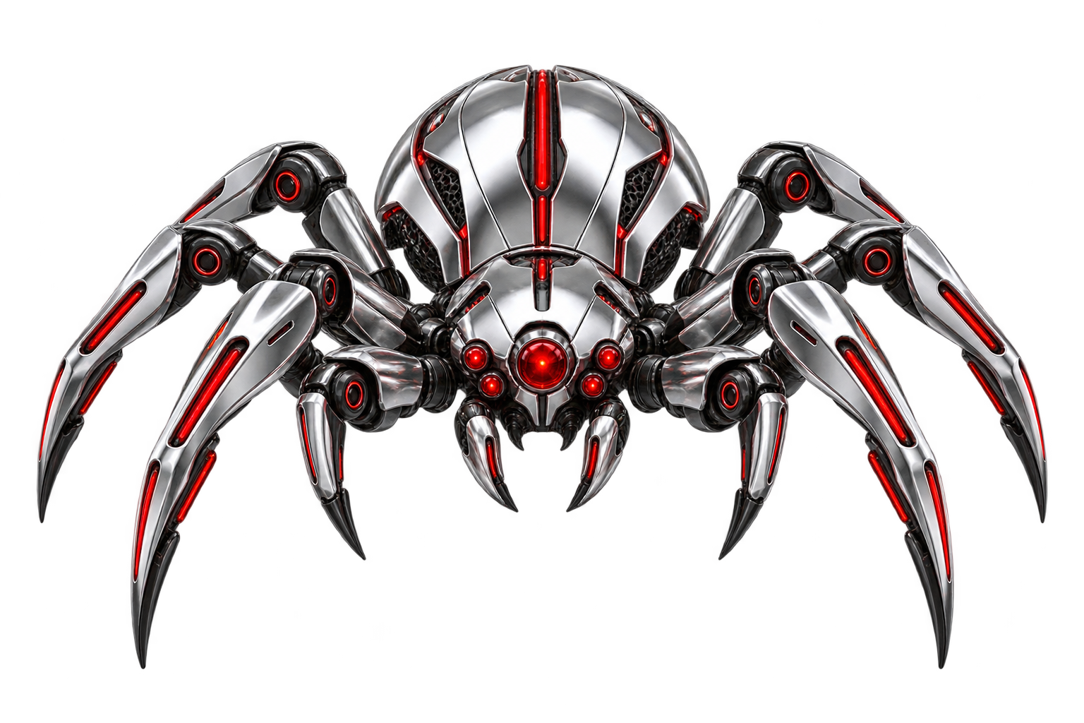 Silver chrome mechanical spider with red highlights